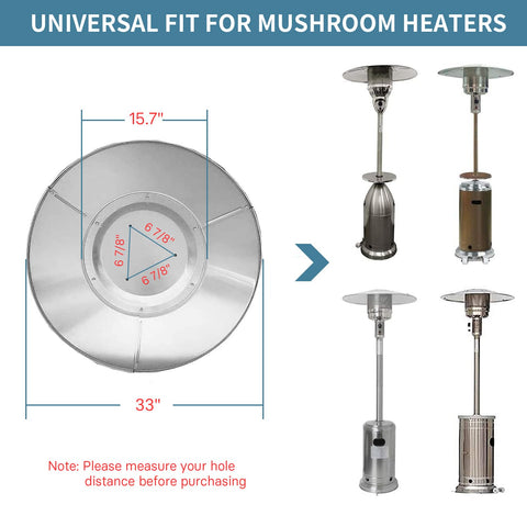 Kisworm 3-hole mount reflector shield enables easy installation on most patio heaters.