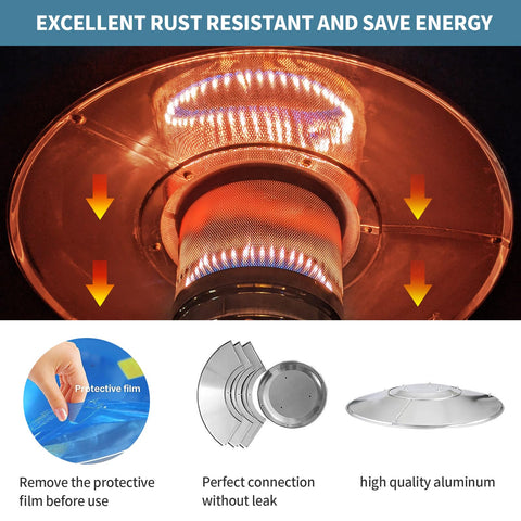 Kisworm reflector shield maximizes heat reflection, helping guests stay warmer around outdoor dining spaces.