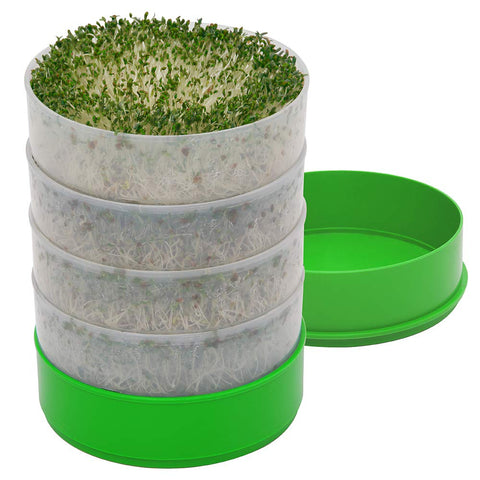 Kitchen Crop Deluxe Sprouter with four trays ready for fresh sprouts at home.