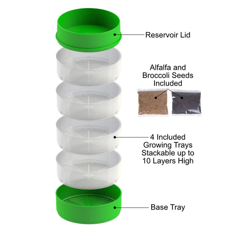 KITCHEN CROP water-flow sprouter demonstrates soil-free sprouting at home.