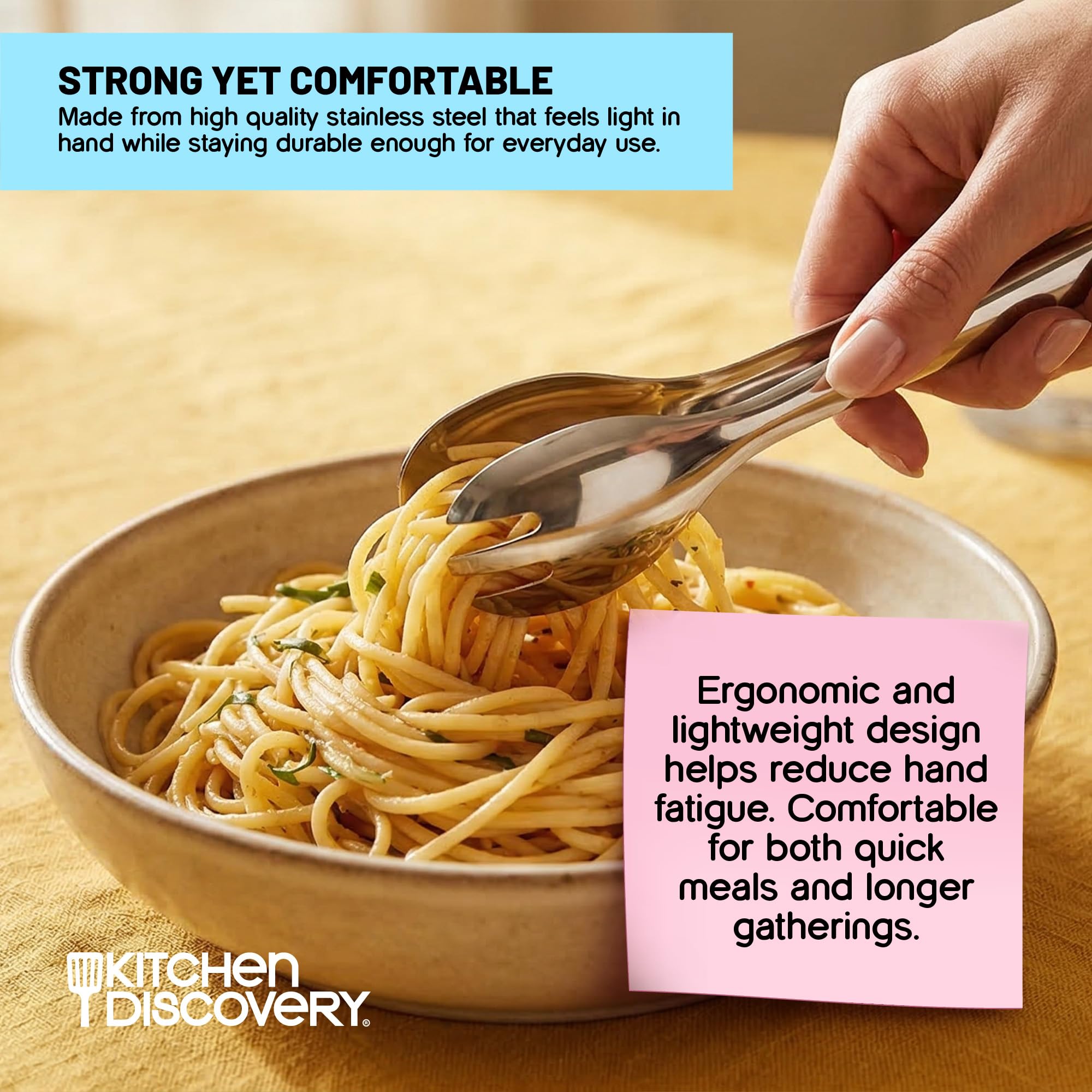 Kitchen Discovery scalloped edges grip lettuce, pasta, and fruit reliably.