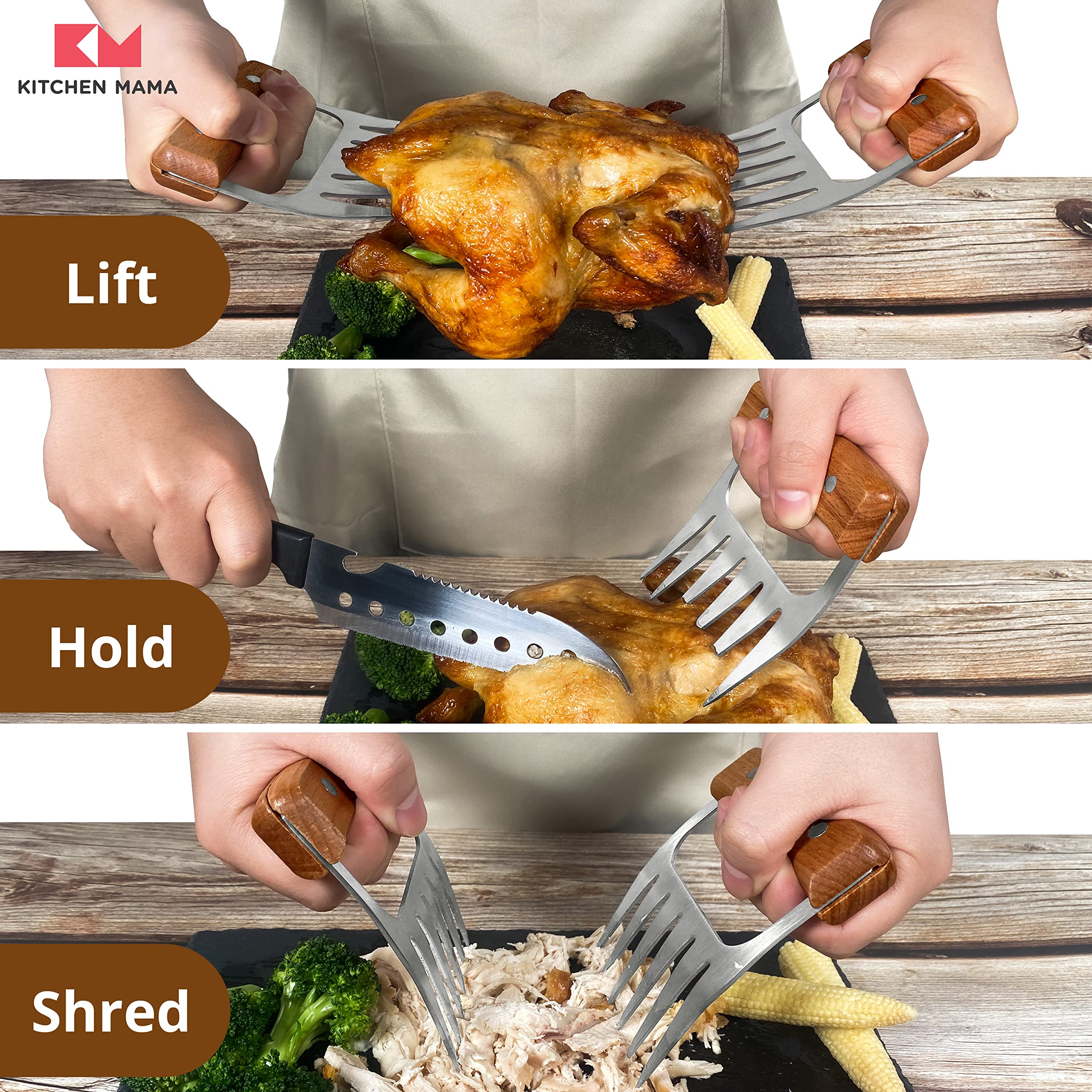 Kitchen Mama Meat Claws wooden handle grip for secure shredding control