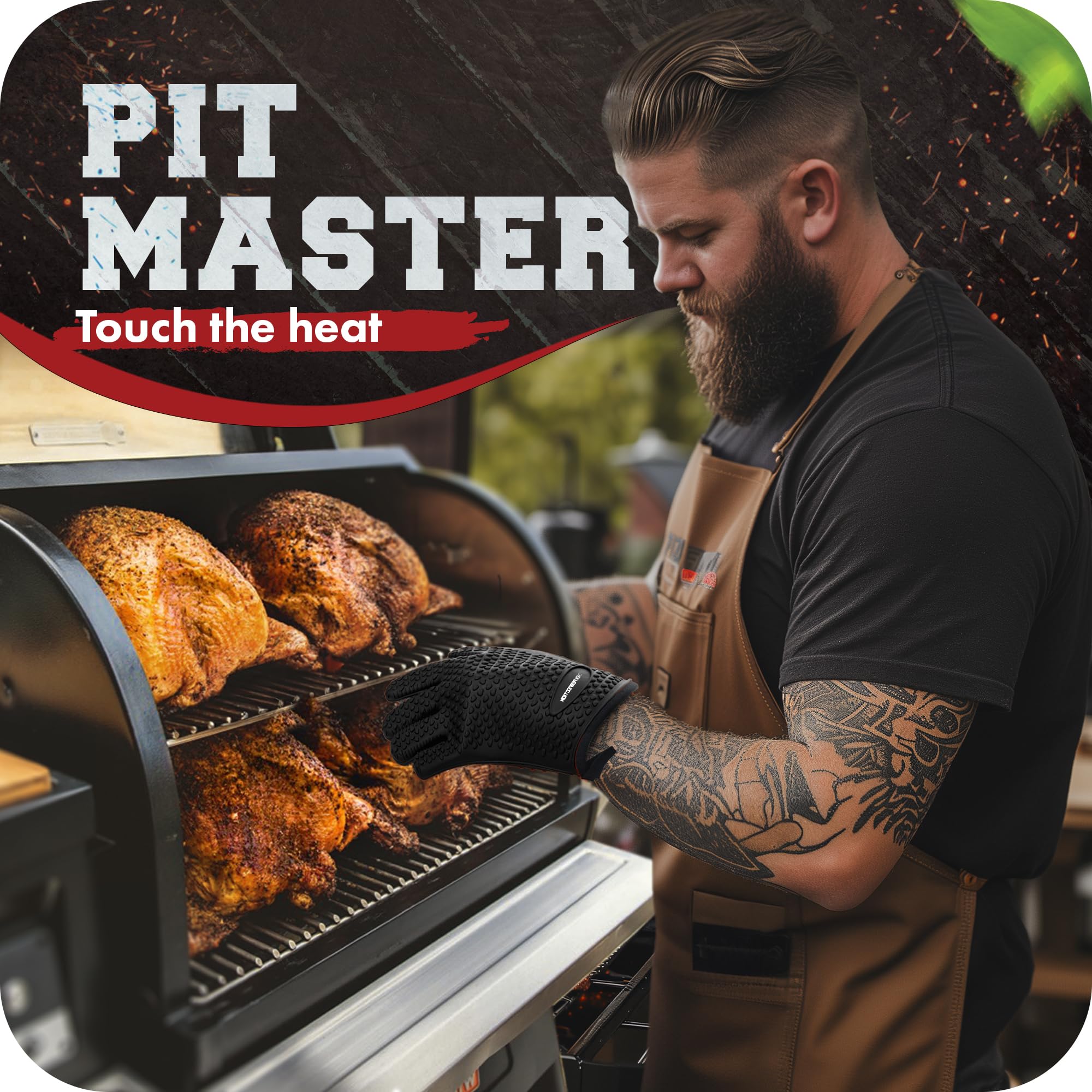 Kitchen Perfection 11-inch heat resistant gloves shown in action on a hot grill.