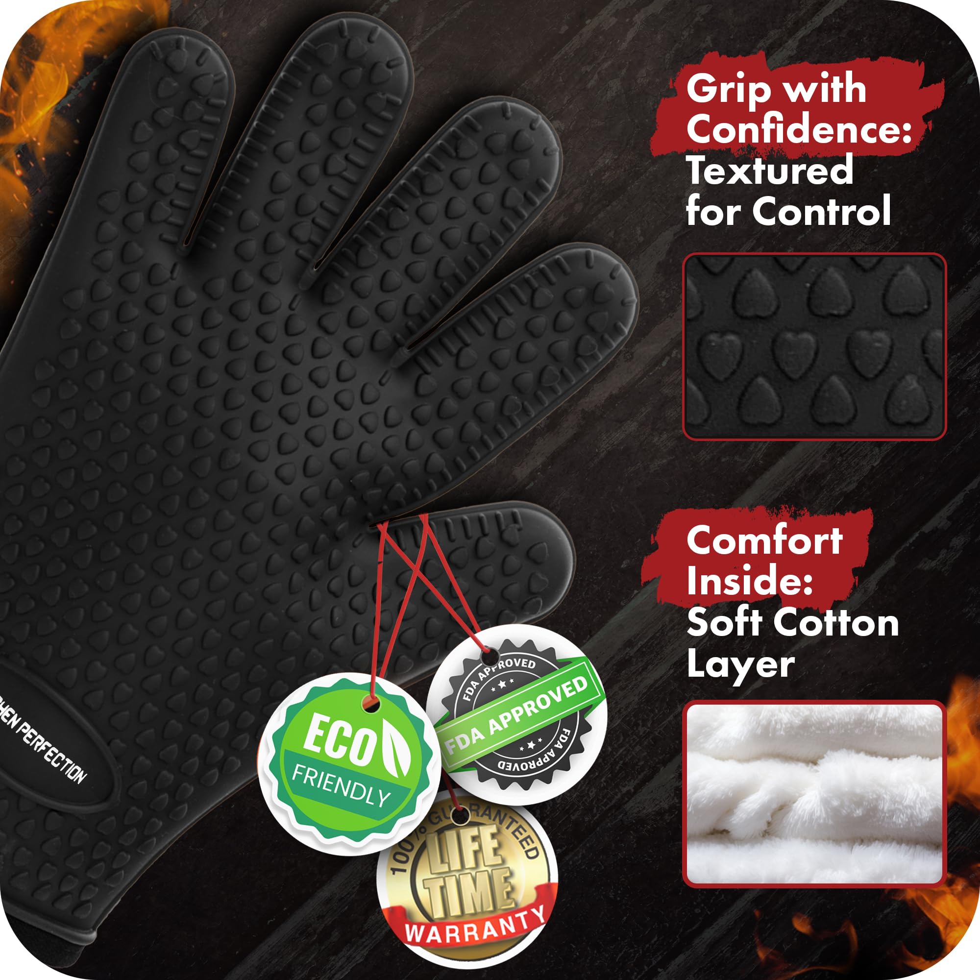 Kitchen Perfection 11-inch heat-resistant gloves suitable for Traeger, Weber, and smokers.