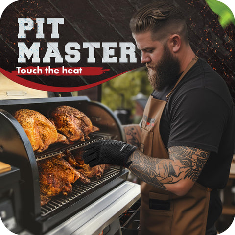 Kitchen Perfection 11-inch heat resistant gloves shown in action on a hot grill.