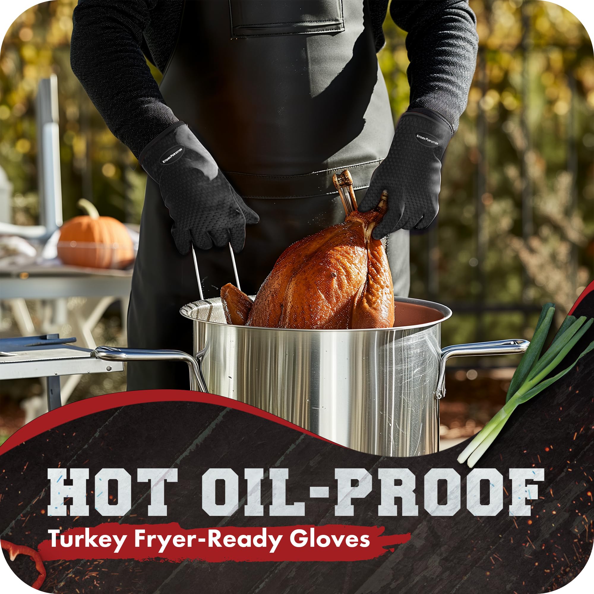 Kitchen Perfection non-slip grip gloves ensure a steady hold on hot cookware.