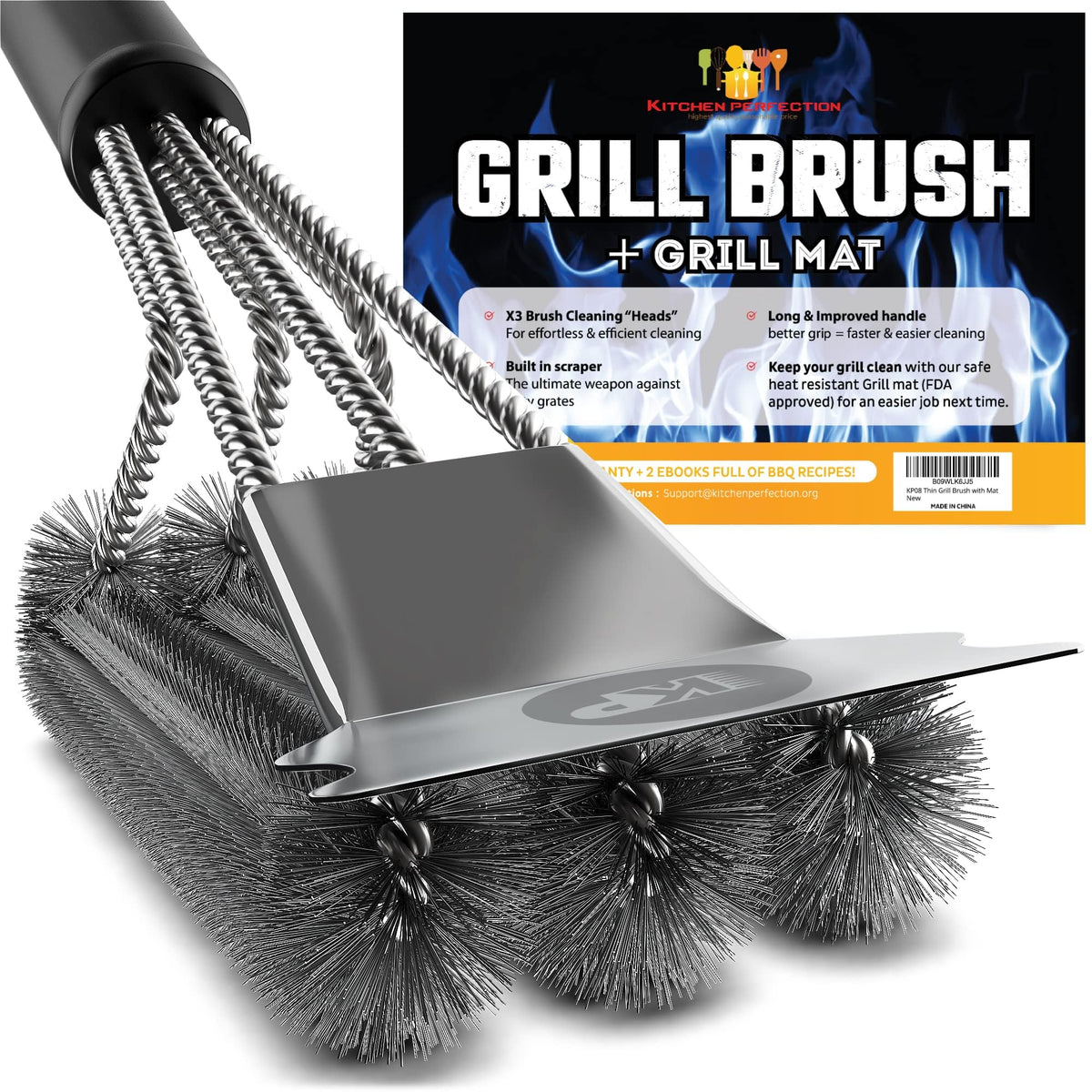 Kitchen Perfection grill brush with extended handle for safer grilling use