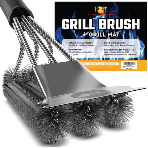 Kitchen Perfection grill brush with extended handle for safer grilling use
