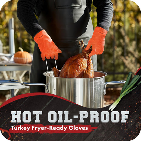 Kitchen Perfection XL gloves on grill handle a hot rack securely
