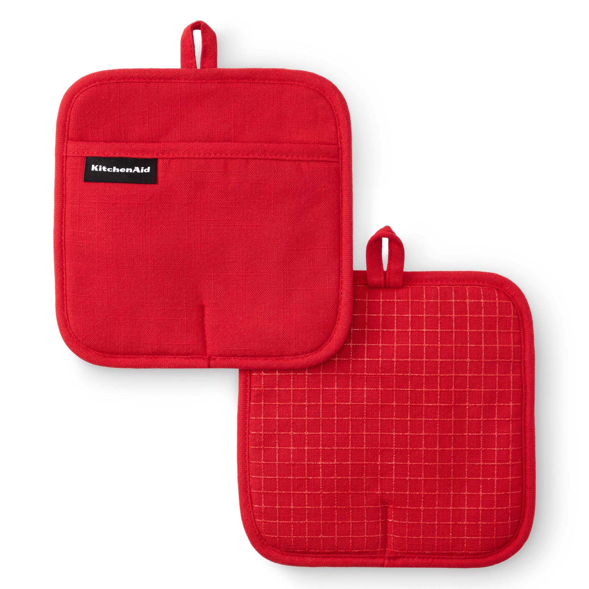 KitchenAid Gourmet Gridlines pot holder front view in passion red, heat protection and grid design.