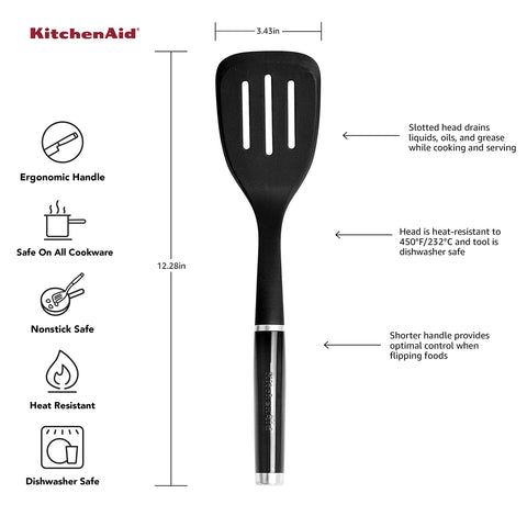 KitchenAid nylon slotted turner with heat resistance up to 450°F suitable for non-stick cookware.