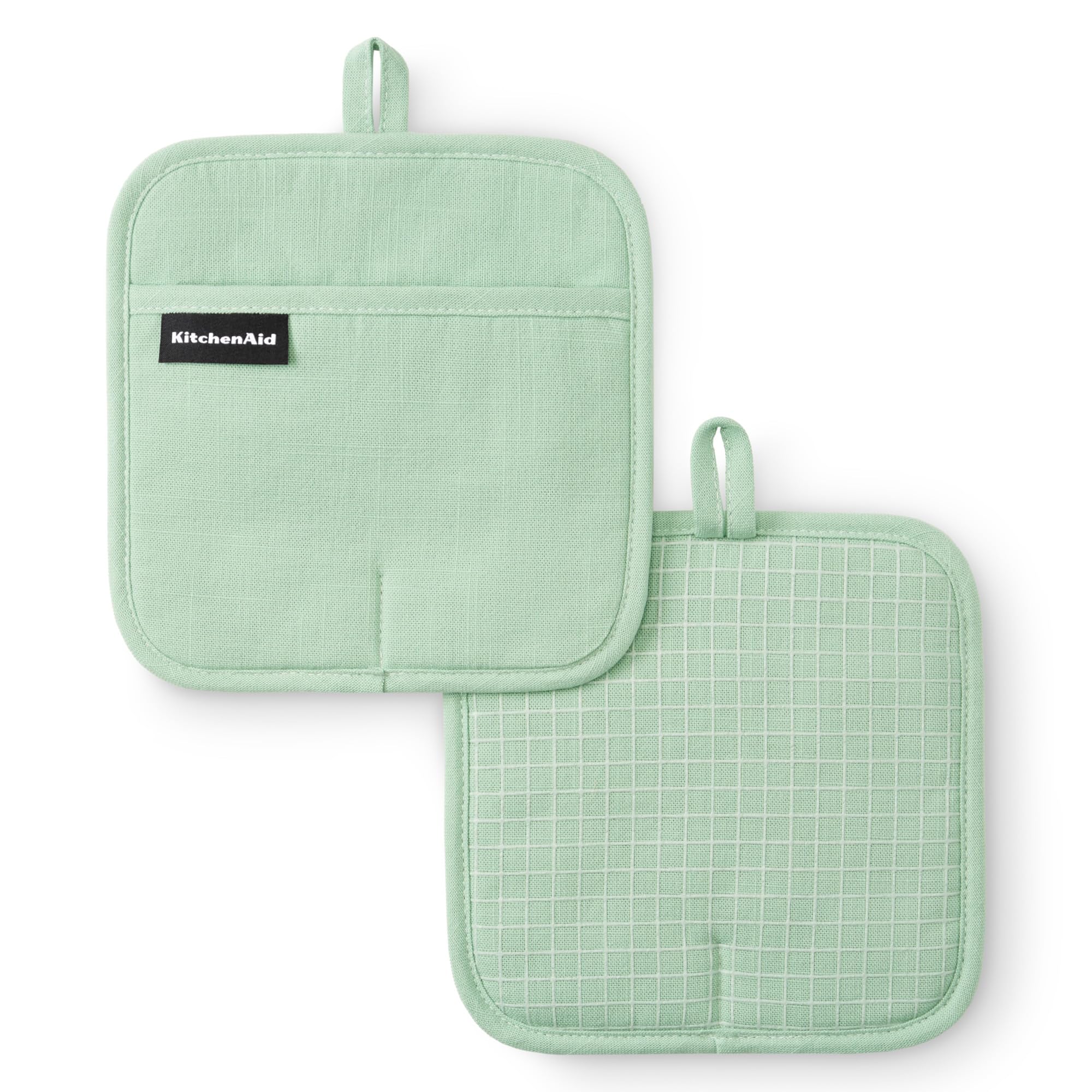KitchenAid Gridlines pot holder in pistachio green offers 8x8 inch heat protection.