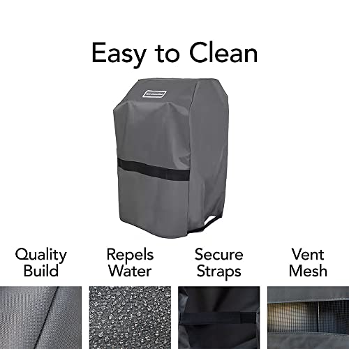 KitchenAid 28-inch-wide grill cover in gray with easy secure fit.