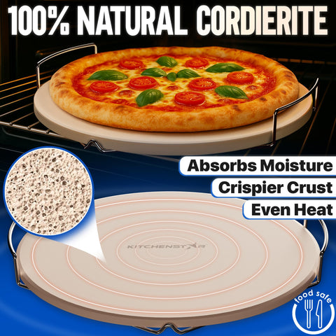 KitchenStar natural cordierite stone resists heat up to 1800F for versatile cooking.