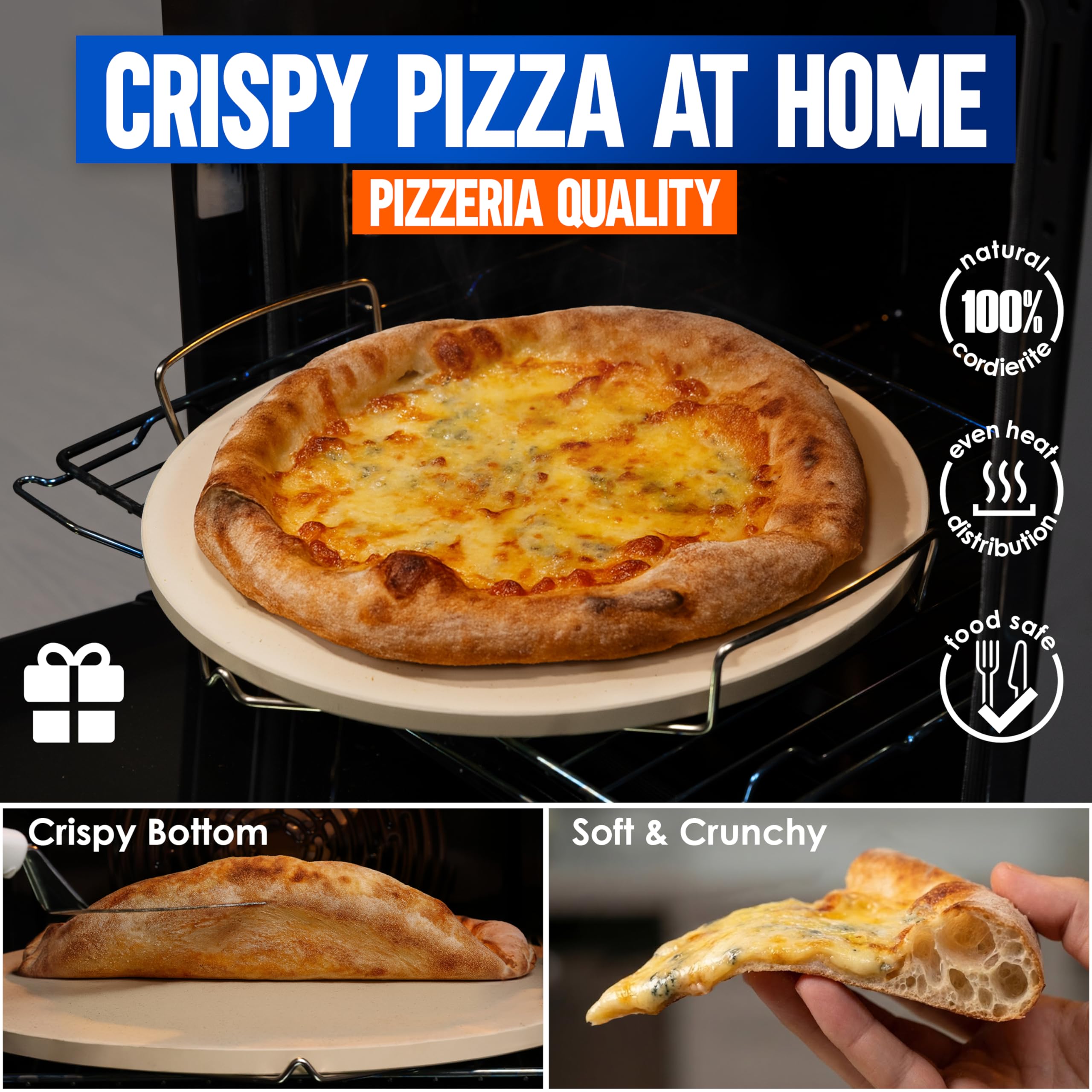 KitchenStar pizza stone rack included adds stability during high-heat baking.