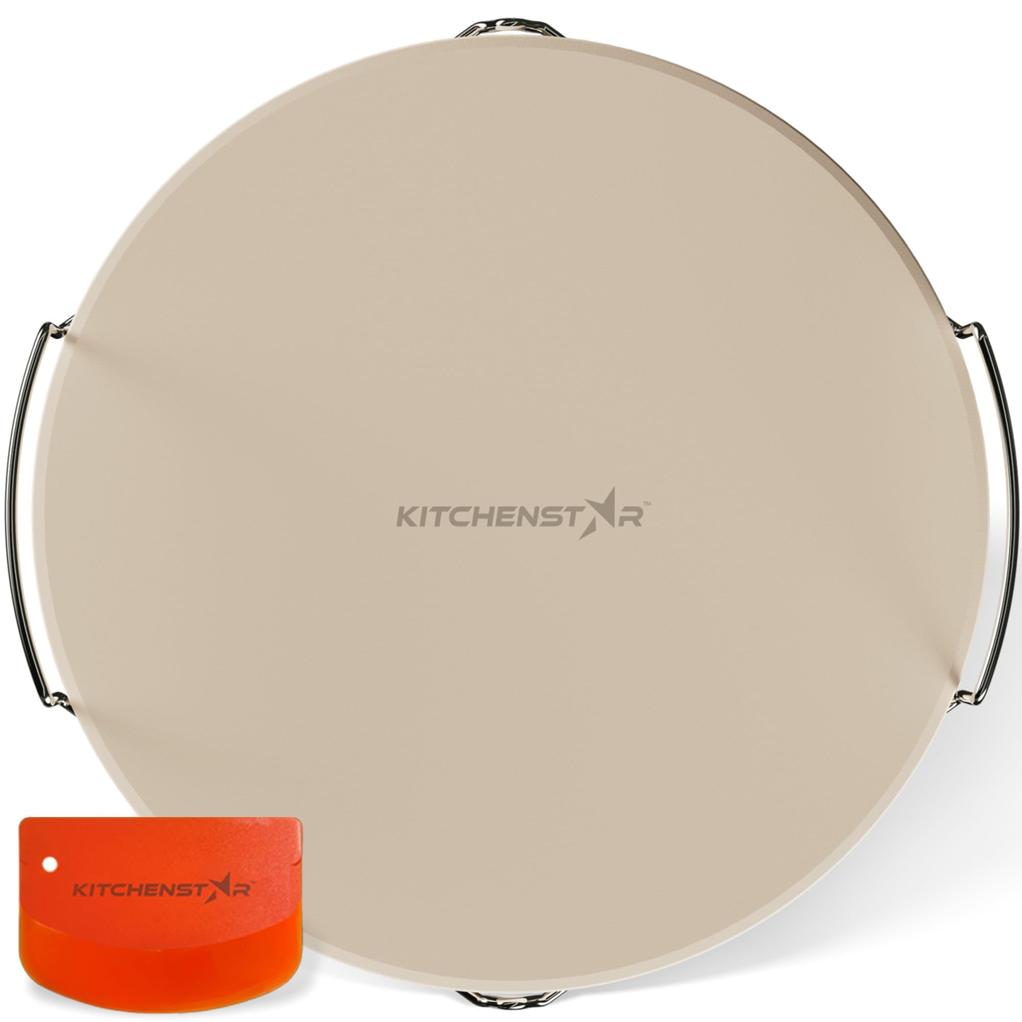 KitchenStar pizza stone round 14-inch with handles for oven and grill delivers even heat and a crispy crust.