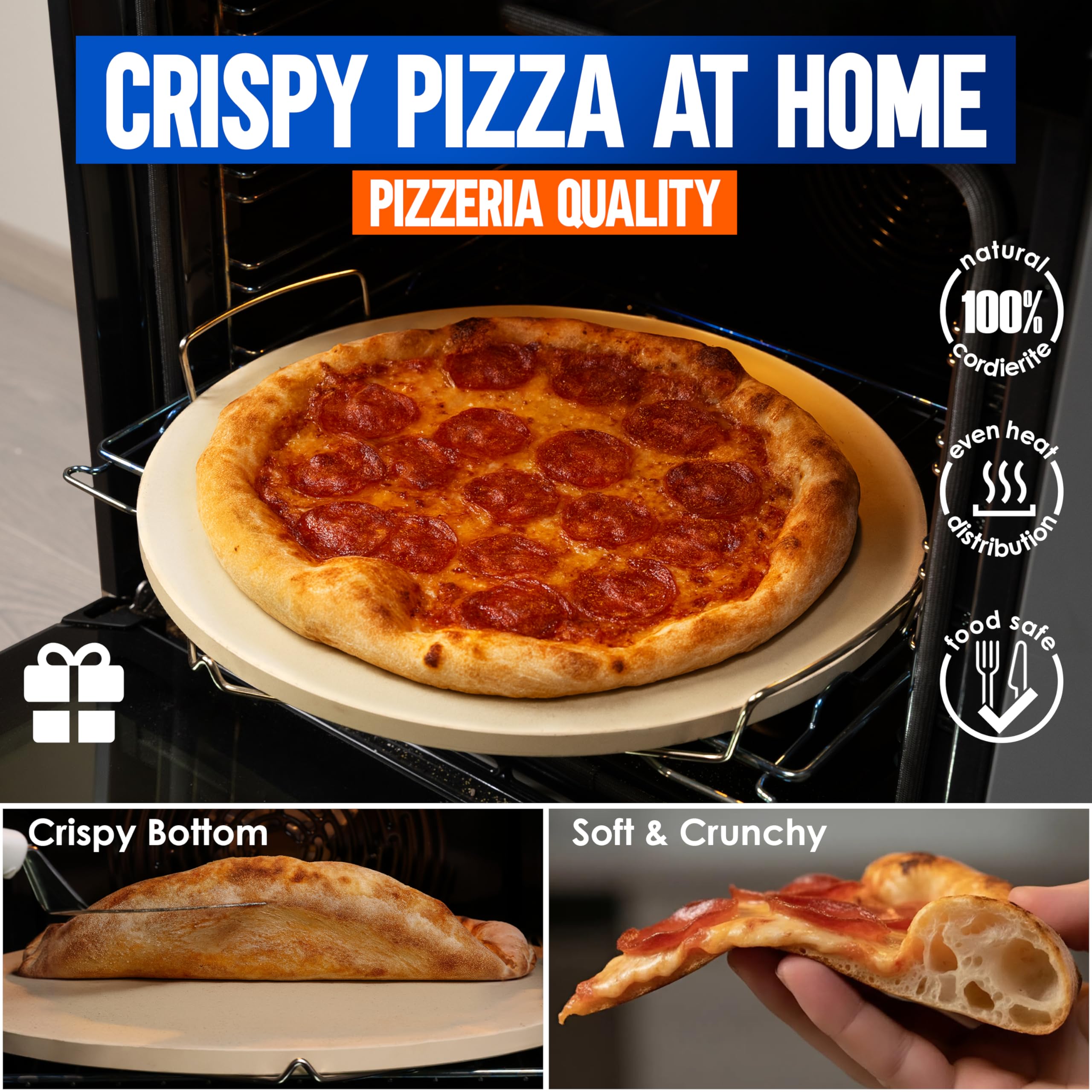 KitchenStar pizza stone with stainless steel rack for safe elevated baking