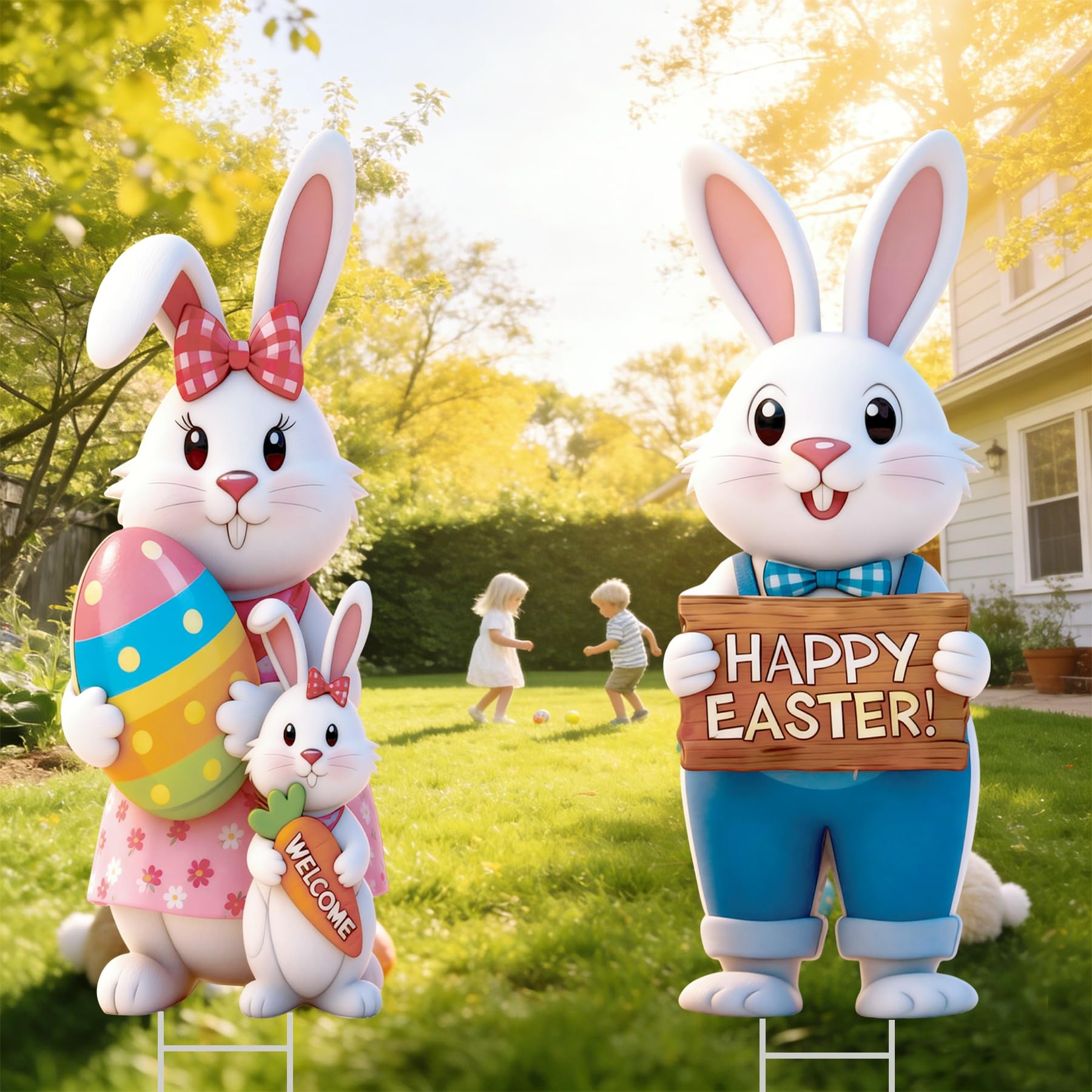 KITCHSTAR bunny family yard sign with metal stakes, quick setup.