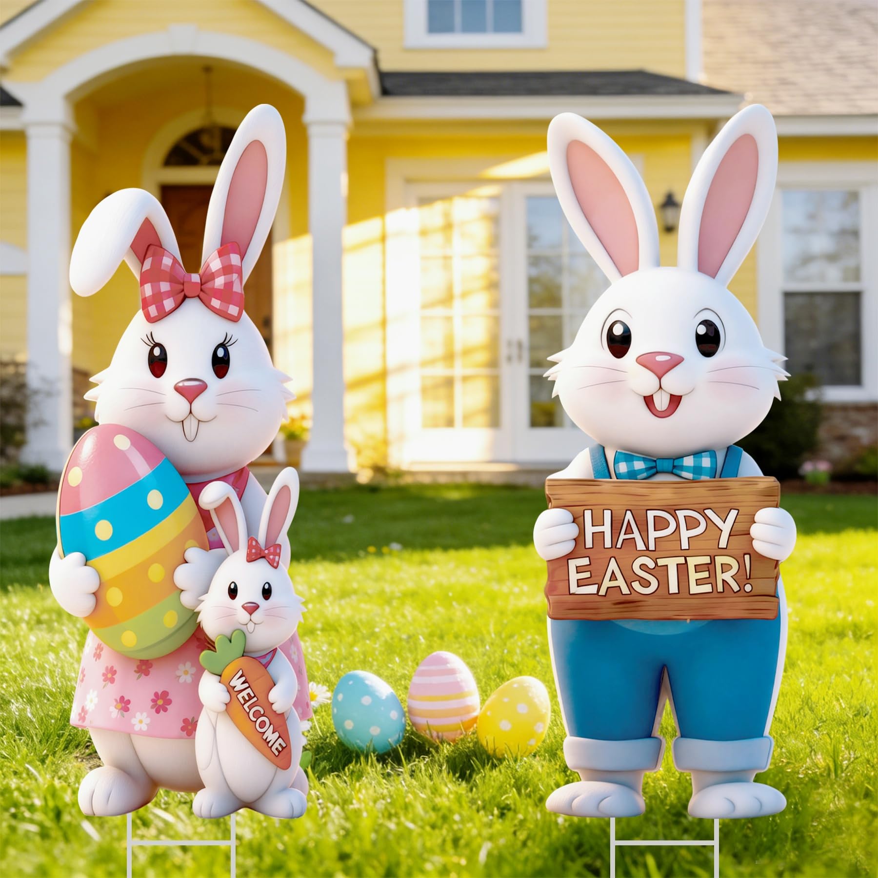 KITCHSTAR bunny yard sign doubles as spring photo backdrop.