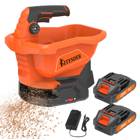 KITESDER battery powered seed spreader ready for precise lawn seeding.