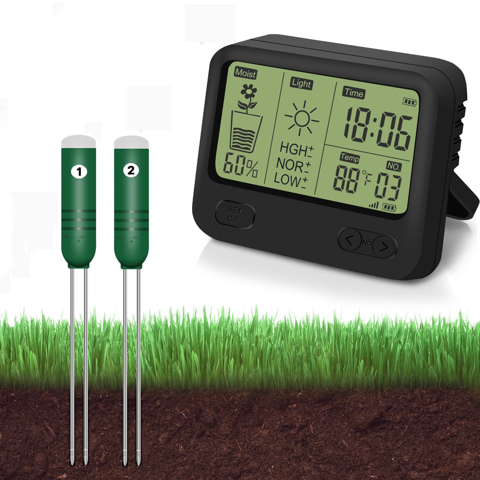 KITHOUSE 4-in-1 display shows soil moisture, light, and temperature at a glance.