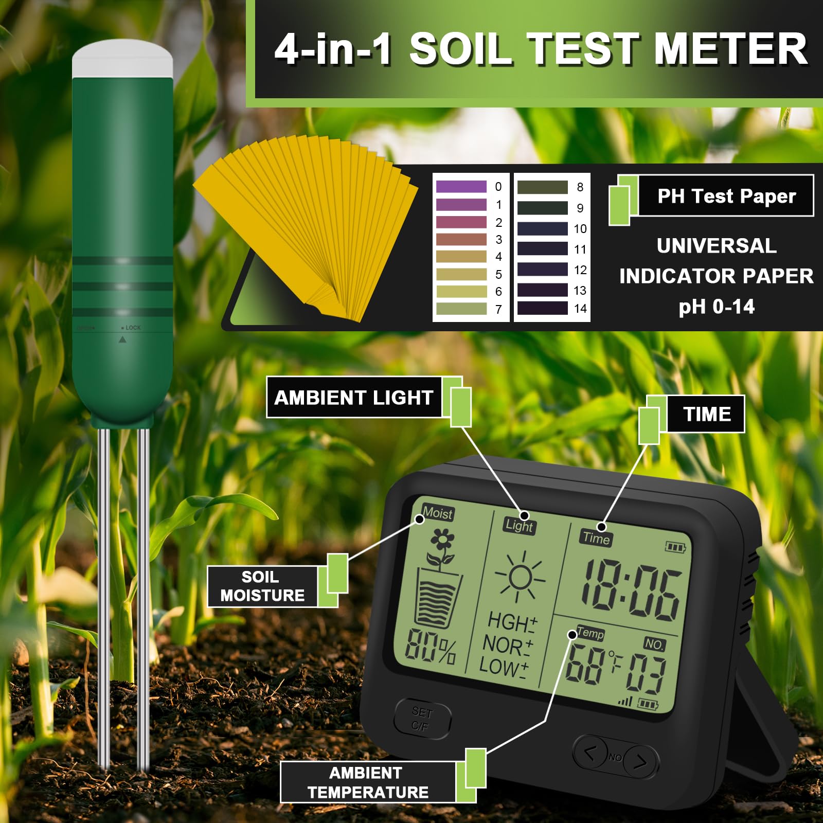 KITHOUSE moisture sensor inserted in soil provides quick moisture reading.