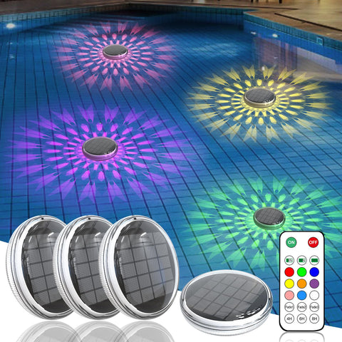 Kitloo solar floating pool light with remote provides ambient night glow.