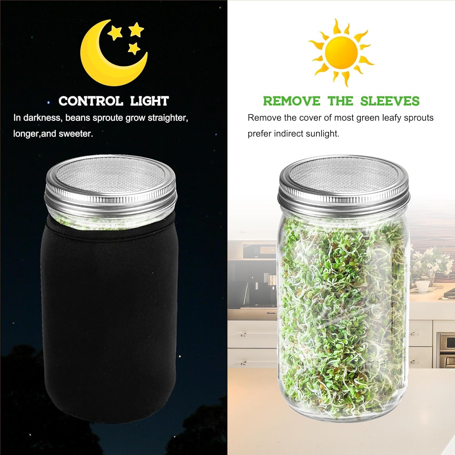 Kitmiido blackout sleeves protect sprouts from light for even growth.