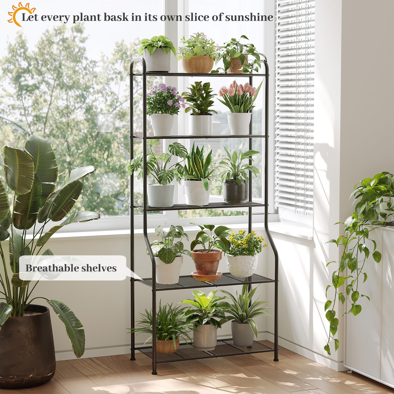 Kitsanery plant stand 5-tier front view shows balanced pot layout for easy access