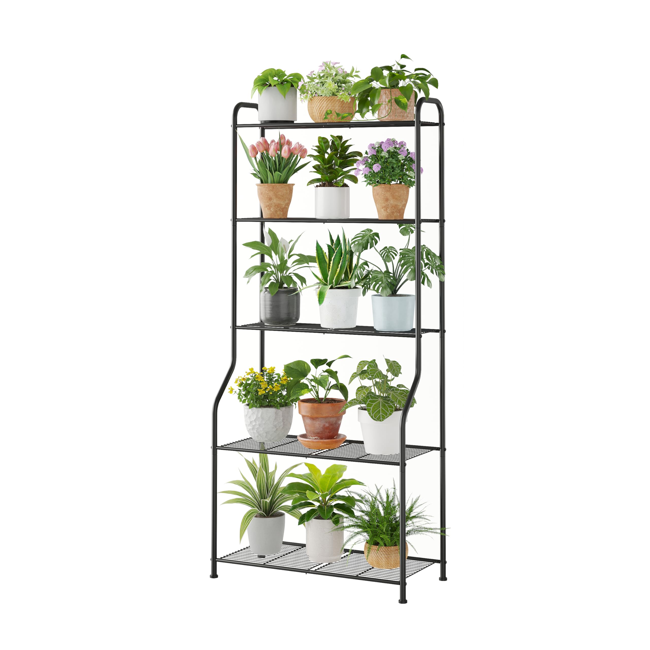 Kitsanery plant stand 5-tier side view highlights sturdy metal framework for vertical gardening
