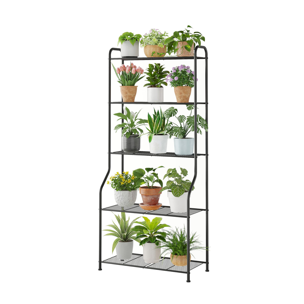Kitsanery plant stand 5-tier side view highlights sturdy metal framework for vertical gardening