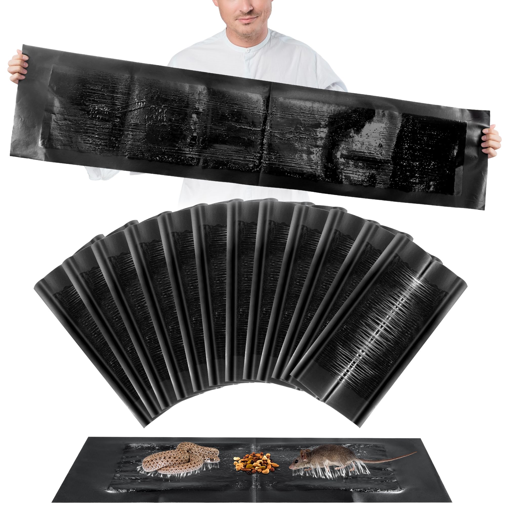 Kittmip 12-pack 47x11 glue traps in action securely catching rodents.