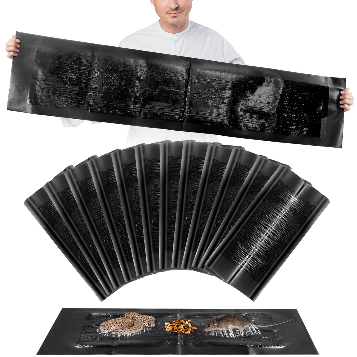 Kittmip 12-pack 47x11 glue traps in action securely catching rodents.