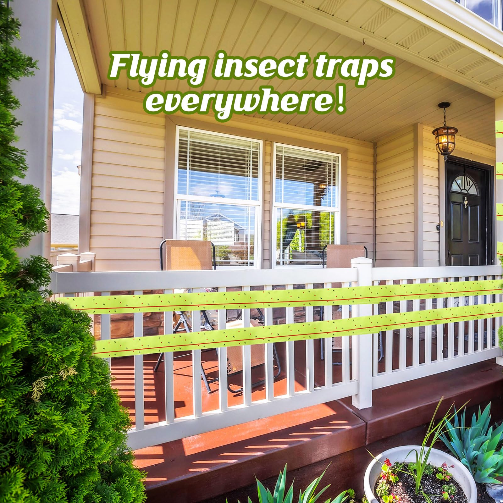 Kittmip waterproof paper tape traps flying pests in outdoor settings.