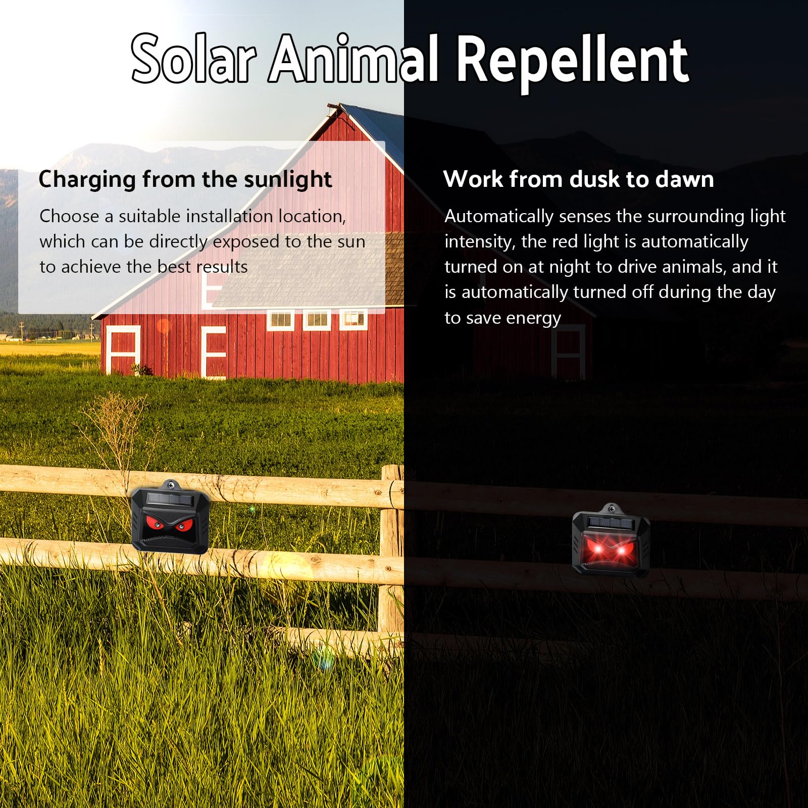 Kittmip deterrent package box highlighting easy setup and solar power