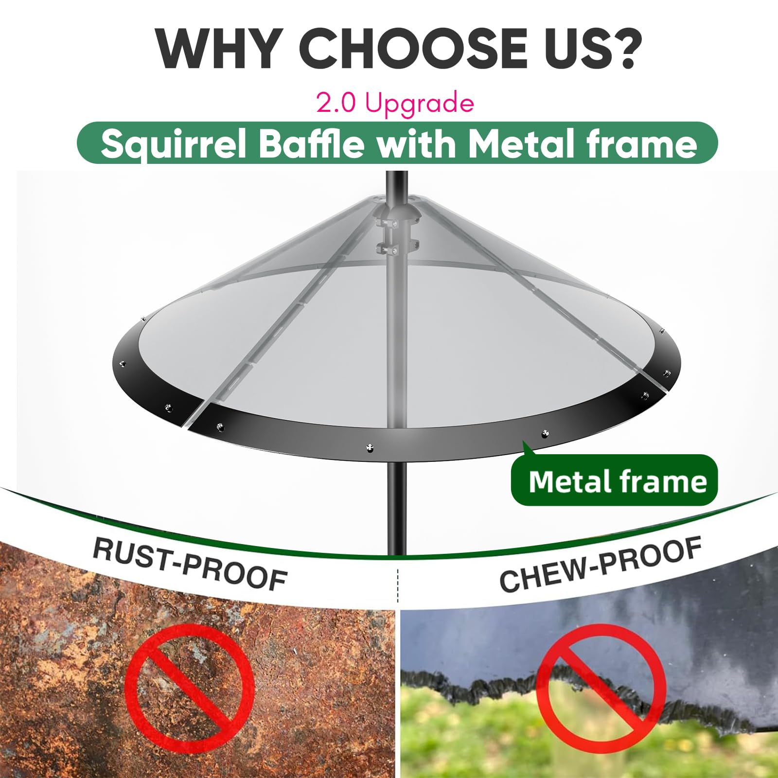 KITVONA squirrel baffle with metal frame; front view shows durable construction.