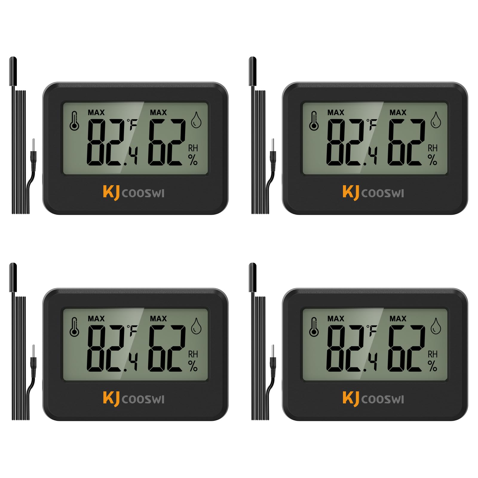 KJCOOSWI 4-pack mini hygrometer thermometer with extend probe shows accurate indoor temperature readings.