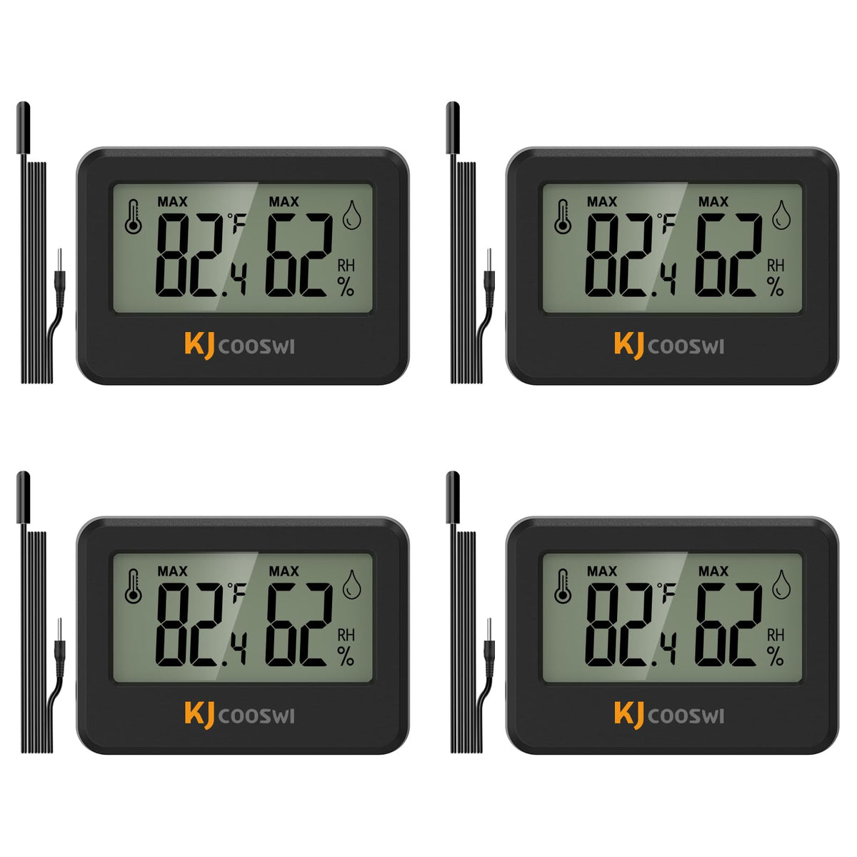 KJCOOSWI 4-pack mini hygrometer thermometer with extend probe shows accurate indoor temperature readings.
