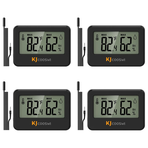 KJCOOSWI 4-pack mini hygrometer thermometer with extend probe shows accurate indoor temperature readings.
