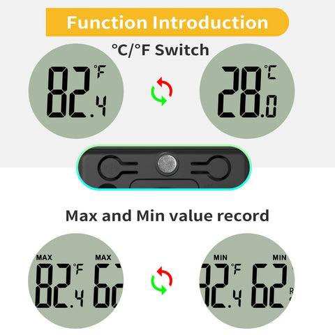 KJCOOSWI CR2032 battery-powered hygrometer with easy replacement.
