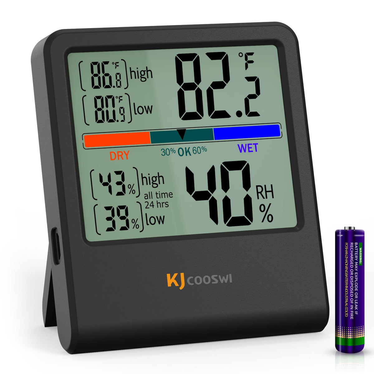 KJCOOSWI digital thermometer-hygrometer shows accurate indoor readings for reliable climate awareness.