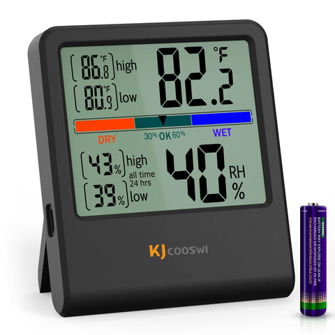 KJCOOSWI digital thermometer-hygrometer shows accurate indoor readings for reliable climate awareness.