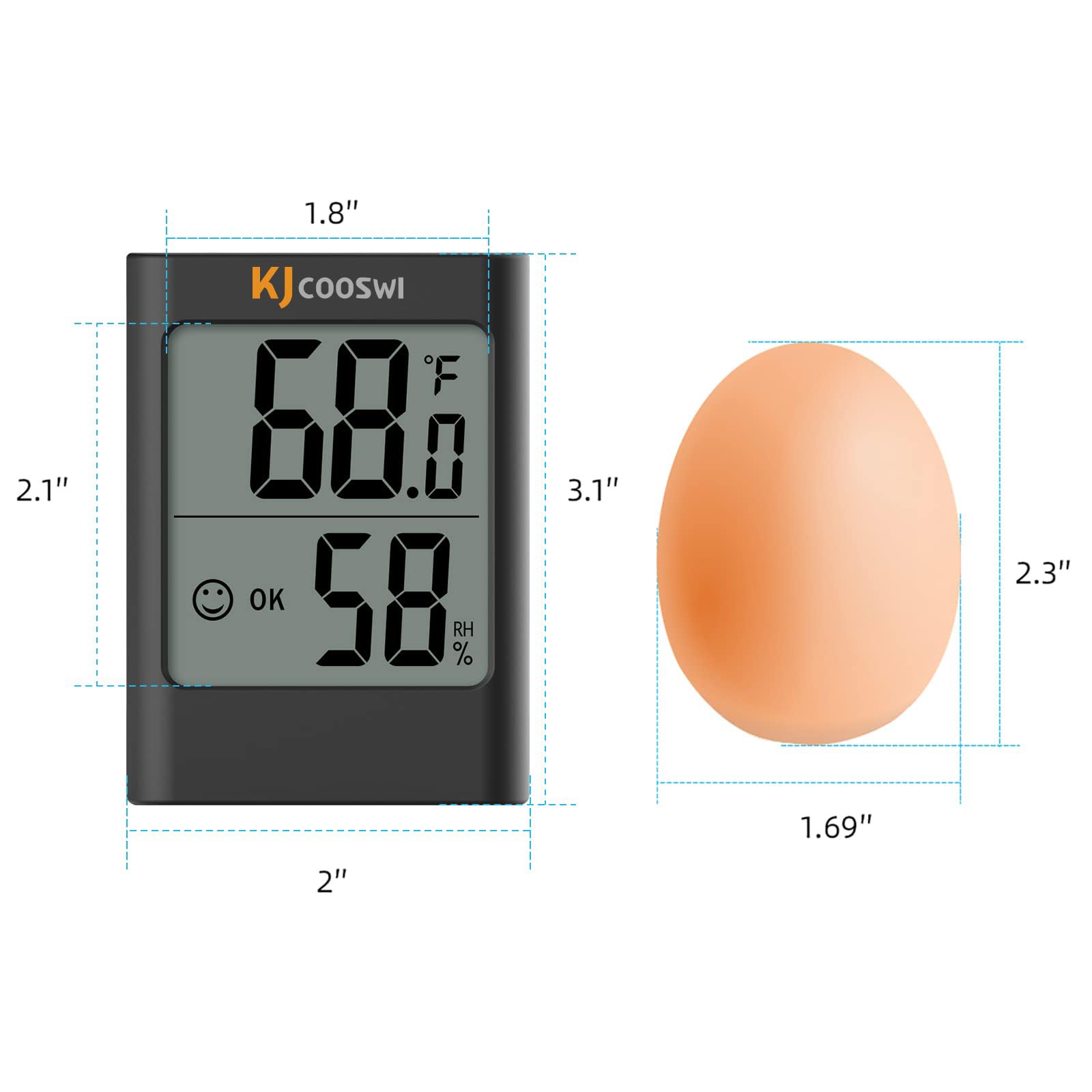 KJCOOSWI humidity gauge with visible battery compartment and included AAA batteries.