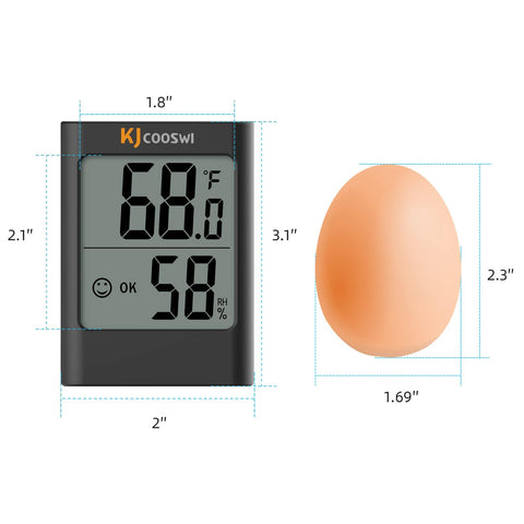 KJCOOSWI humidity gauge with visible battery compartment and included AAA batteries.