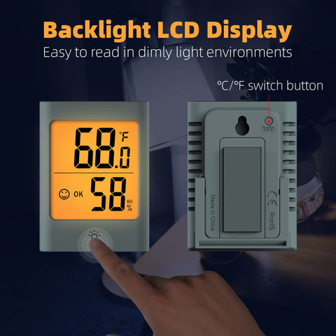 KJCOOSWI Indoor Thermometer backlight display remains readable in dark.