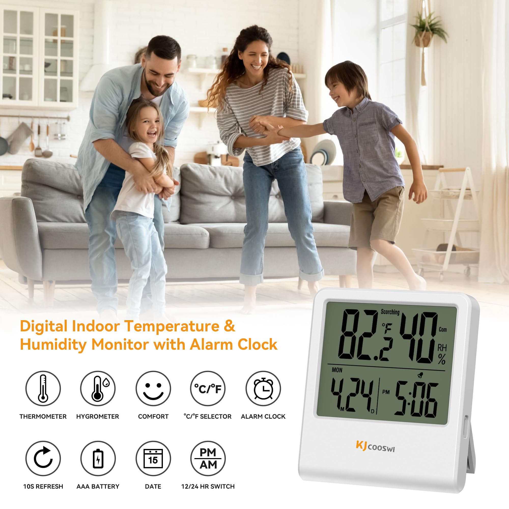 KJCOOSWI clock with alarm is visible on screen for daily routines.