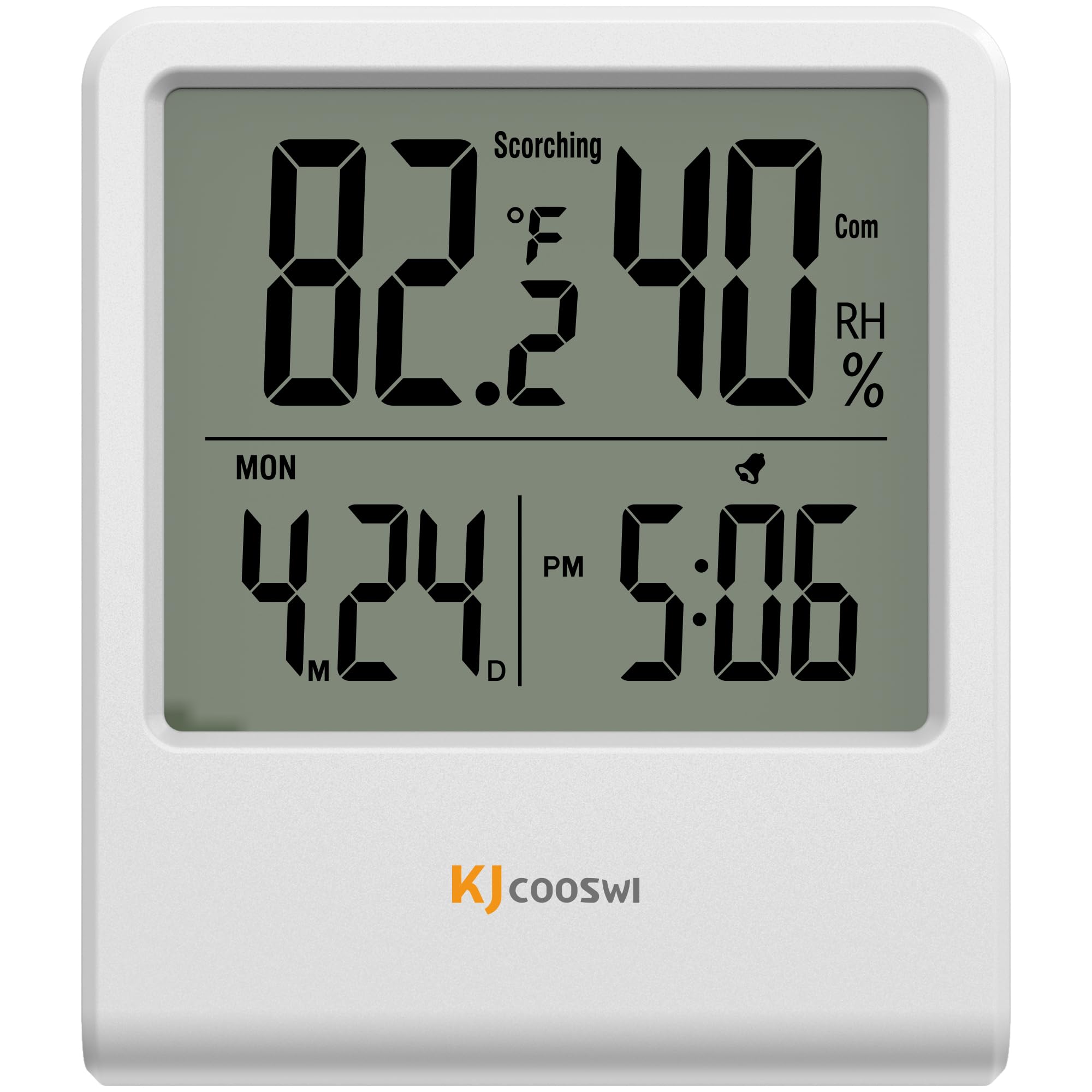 KJCOOSWI indoor thermometer with clock, front view shows temperature and humidity clearly.