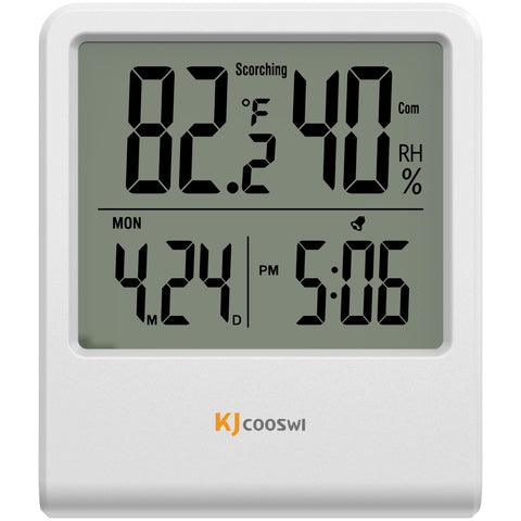 KJCOOSWI indoor thermometer with clock, front view shows temperature and humidity clearly.
