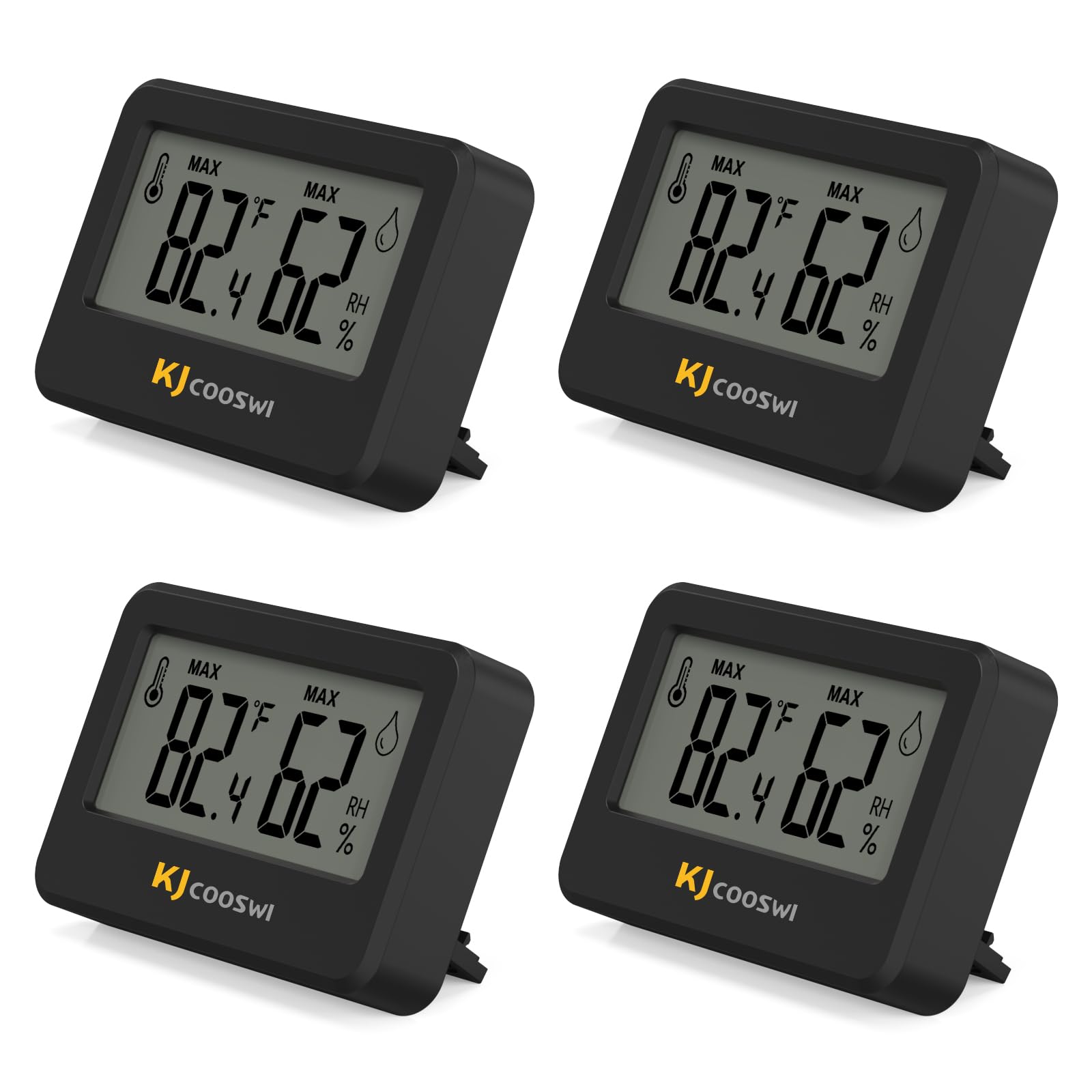 KJCOOSWI mini hygrometer with tabletop stand and magnetic back for flexible placement.