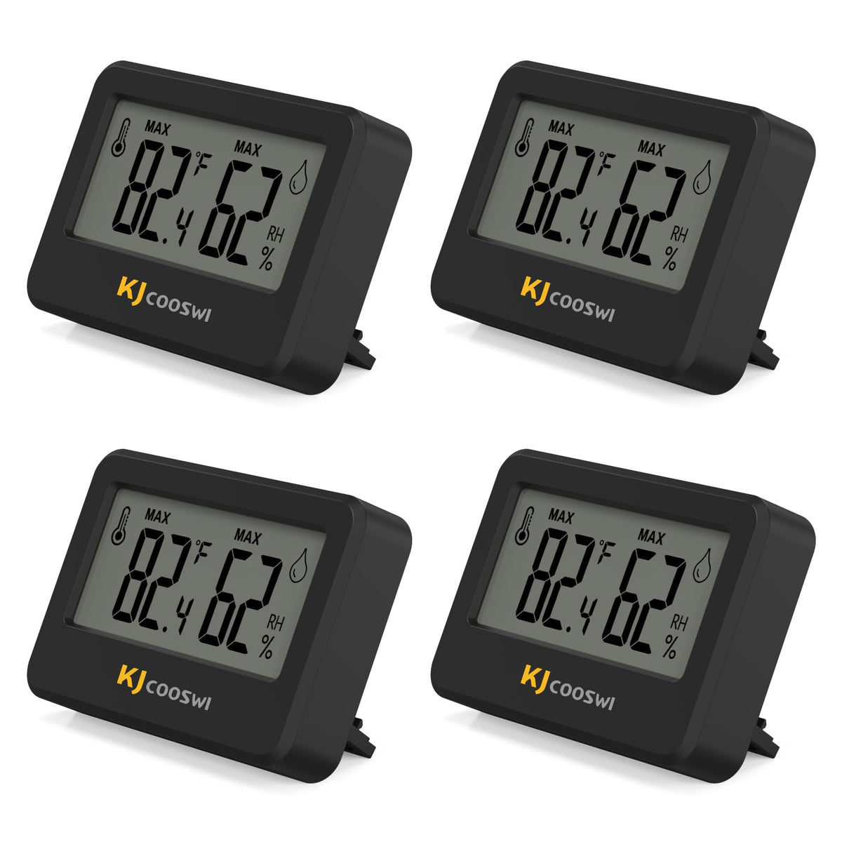 KJCOOSWI mini hygrometer with tabletop stand and magnetic back for flexible placement.